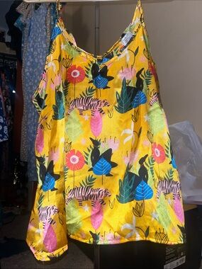 Yellow Tropical Satin Cami with Floral & Tiger Print
